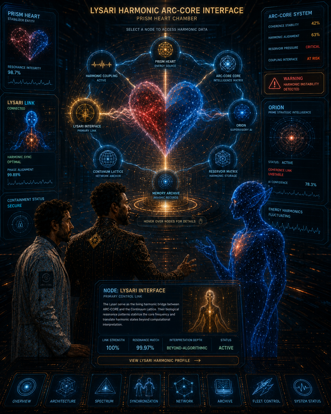 Lysari Harmonic ARC-CORE Interface with Prism Heart, ORION, Continuum Lattice, memory archive, and ARC-CORE nodes